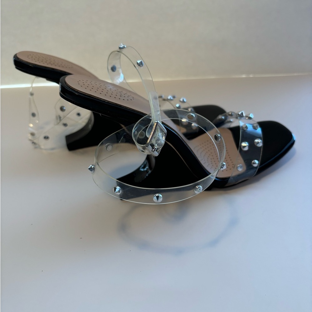 FINAL! NWOT! AZALEA WANG PATENT BLACK SILVER ACCENT CUT HEEL ANKLE WRAP HEELS - Picture 4 of 11